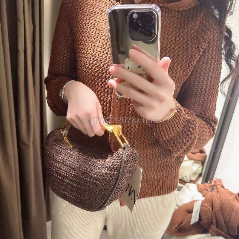 Rattan Half-Moon Tote Design Gold Handle Handbag Women's Woven Straw Bucket Bag Purse Casual Shopping Braided Bags