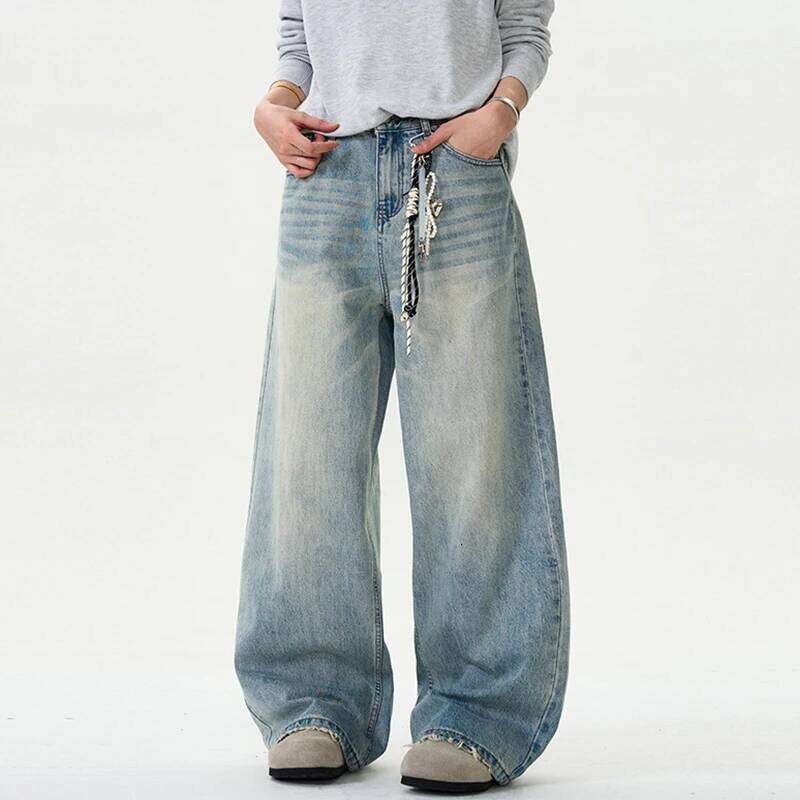 Distressed Jeans Solid Color Washing Summer Men Trousers Loose Wide Leg Casual Straight Moustache Effect Male Bottom