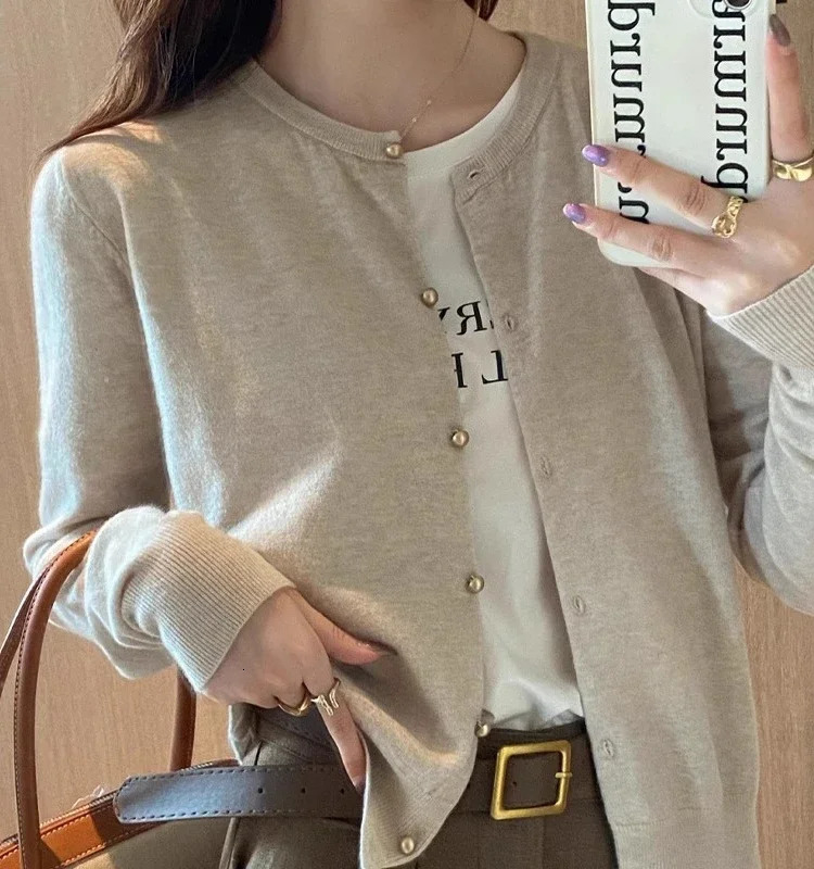 Solid Color Knitted for Women Cardigan Korean Single Breasted Long Sleeve Jumper Woman Round Neck All Match Cardigans Outwear 250730