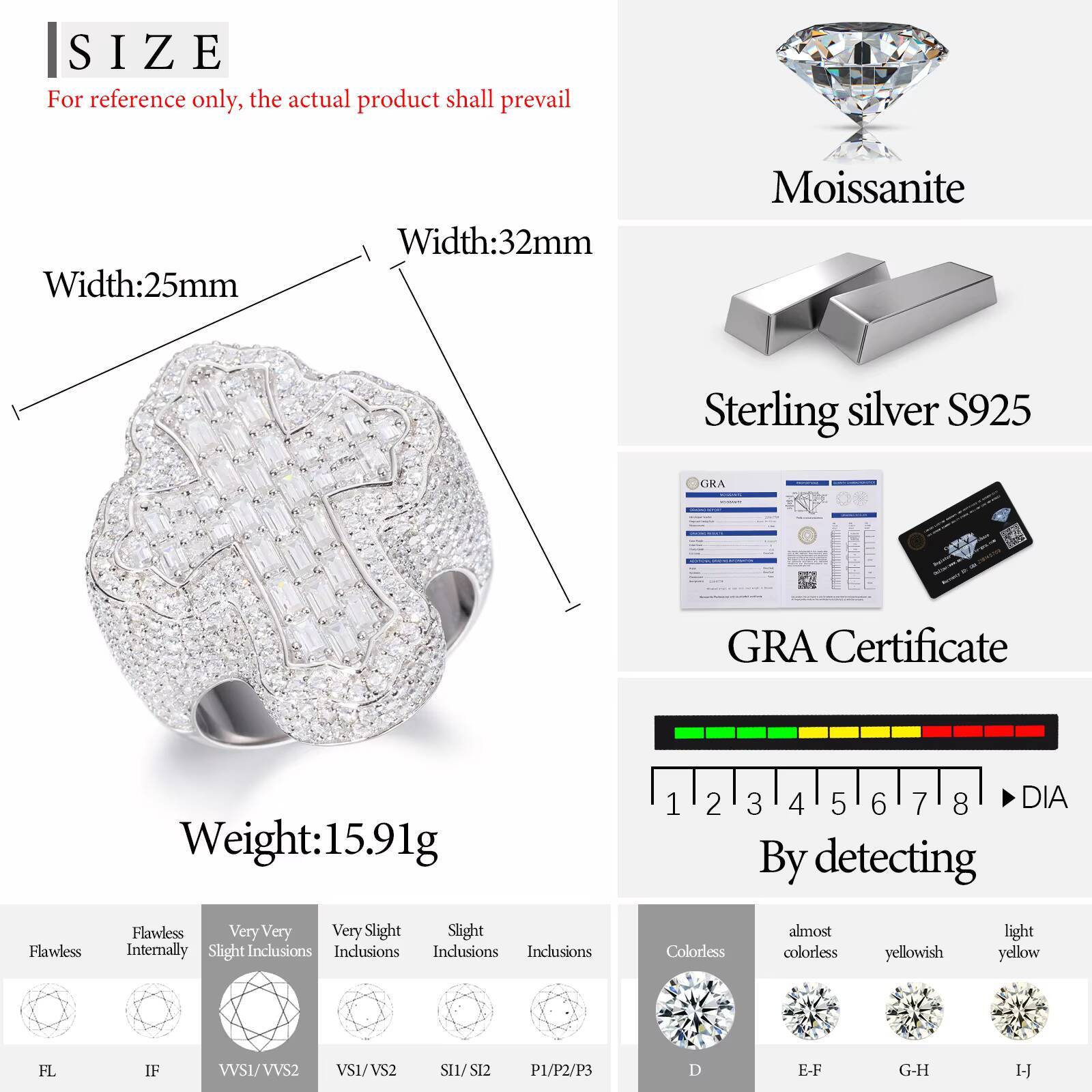 Hot Selling Pass Diamond Tester Hip Hop Jewelry 925 Sterling Silver VVS Baguette Moissanite Cross Ring With GRA Certificate