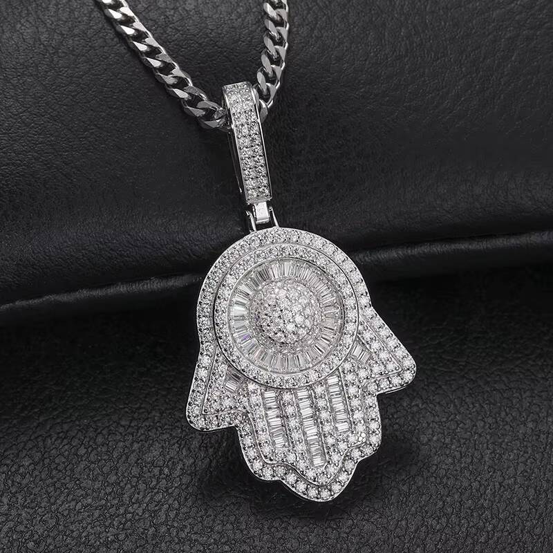Bling Luxury 925 Sterling Silver Baguette VVS Moissanite Diamond Iced Out Hamsa Hand Pendant Necklace for Jewelry Gift