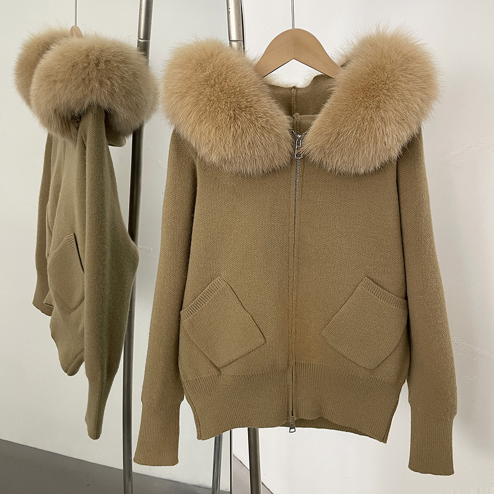 Knitted sweater cardigan jacket womens detachable oversized genuine fox fur collar new autumn winter style hooded knitted cardigan coat
