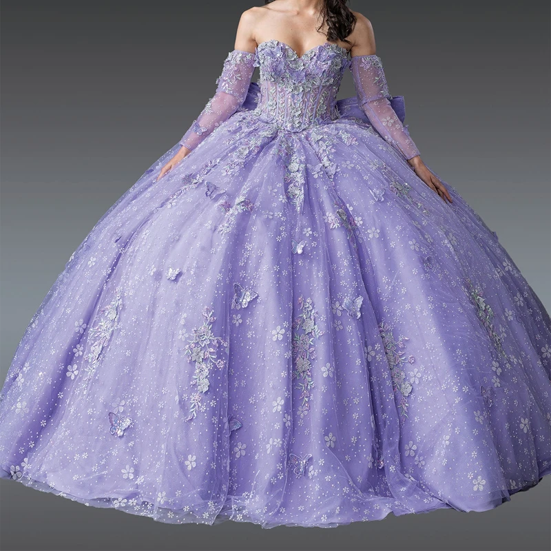 Lavender Shiny Quinceanera Dresses Ball Gown Off The Shoulder Applique Bow Beads Tull Party Birthday Sweet 16 Dress Vestidos 15 Anos