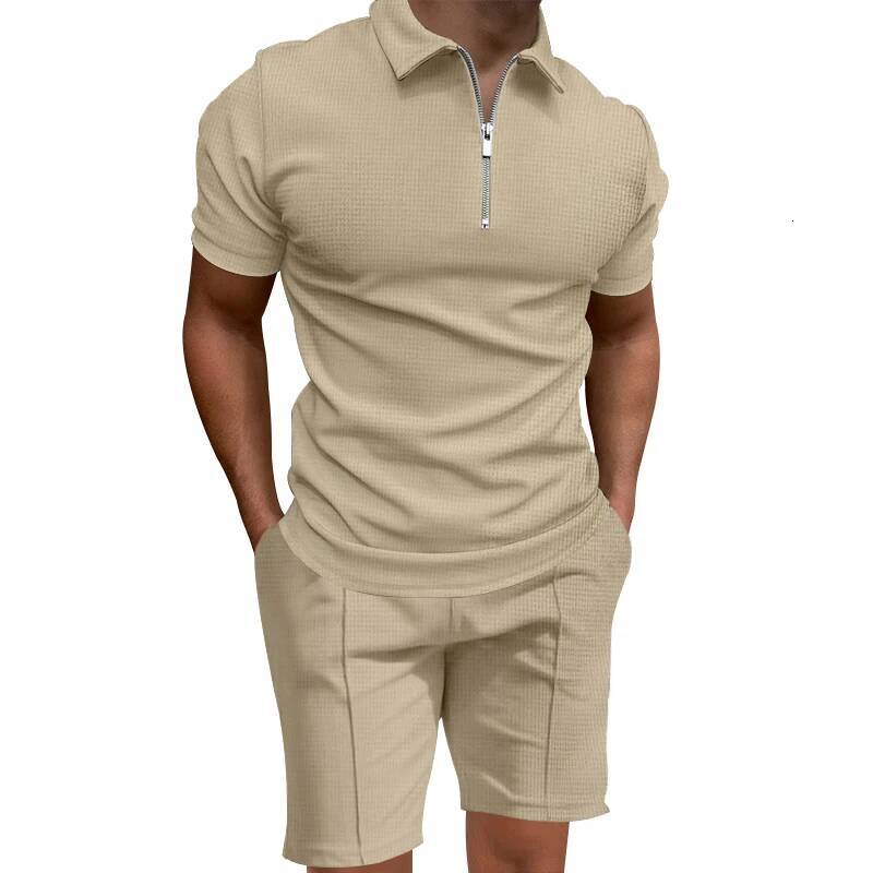 Cross border 2024 summer polo shirt solid color waffle short sleeve slim lapel t-shirt casual men's set