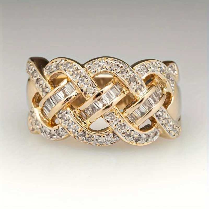 Fashion Skeleton Braided Twist Wide Face Gold Color Ring for Women Temperament Shiny Cubic Zirconia Wedding Jewelry Accessories y250730