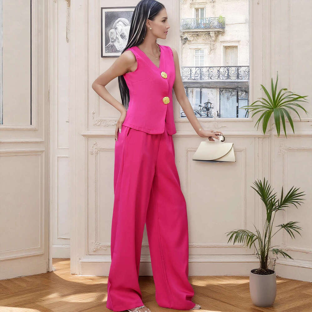Spring Summer Women's Fashion Button Vest and Long Pants Casual Two-Piece Set for Women