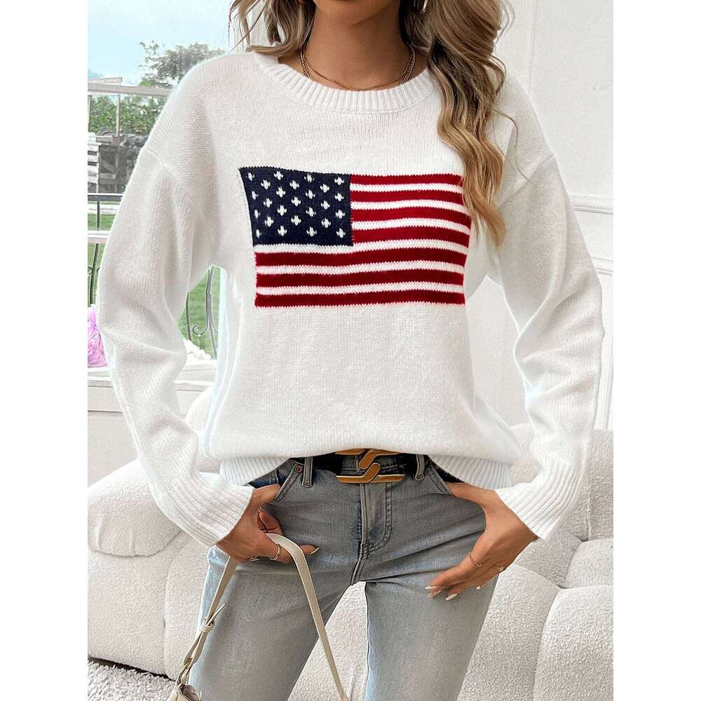 Designer Leisure High Quality American Flag Crew Neck Long Sleeve Pullover Women's Sweater