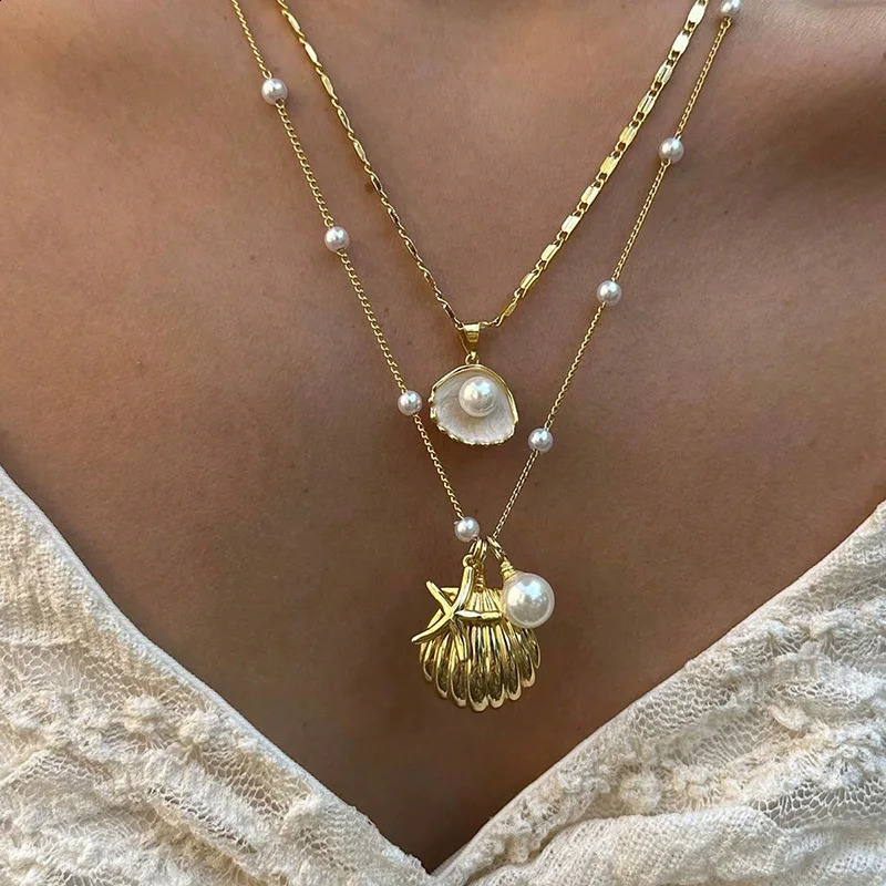 2 Pcs Gold Plated Starfish Shell Pendant Necklace Summer Pearl Necklaces For Women Girls Ocean Beach Jewelry 250716