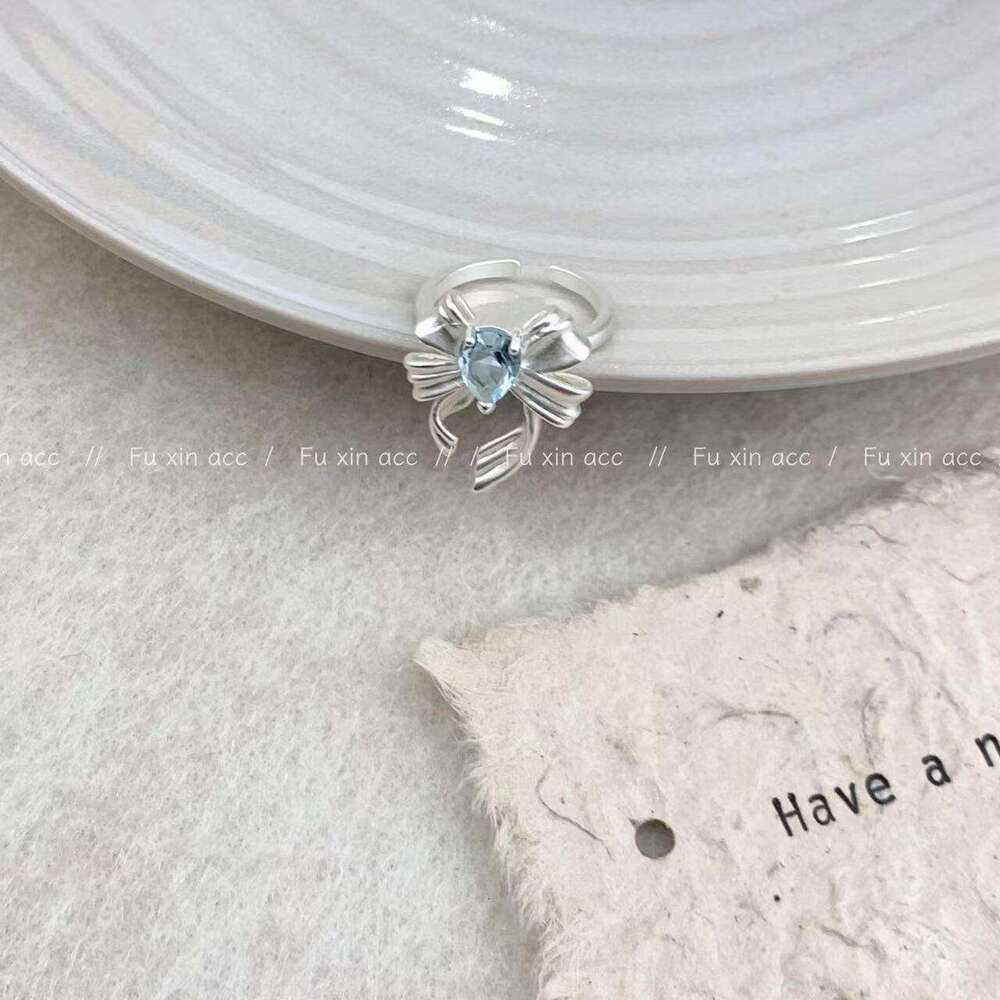 Light Blue Fashion Bowknot for Women Gentle Exquisite Versatile Open Ring Niche High-end Design Jewelry cc1