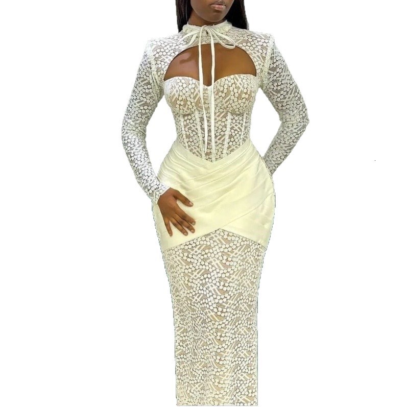 New Half-high Collar Lace-up Stitching Low-cut Sexy Hip-hugging Long-sleeved Dress Evening Dress