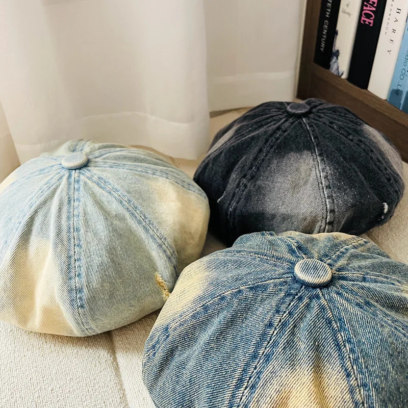 Korean Style Vintage Denim Holed Distressed Beret Hat Women Large Head Size Small Face Painter Caps Breathable Beret 250729