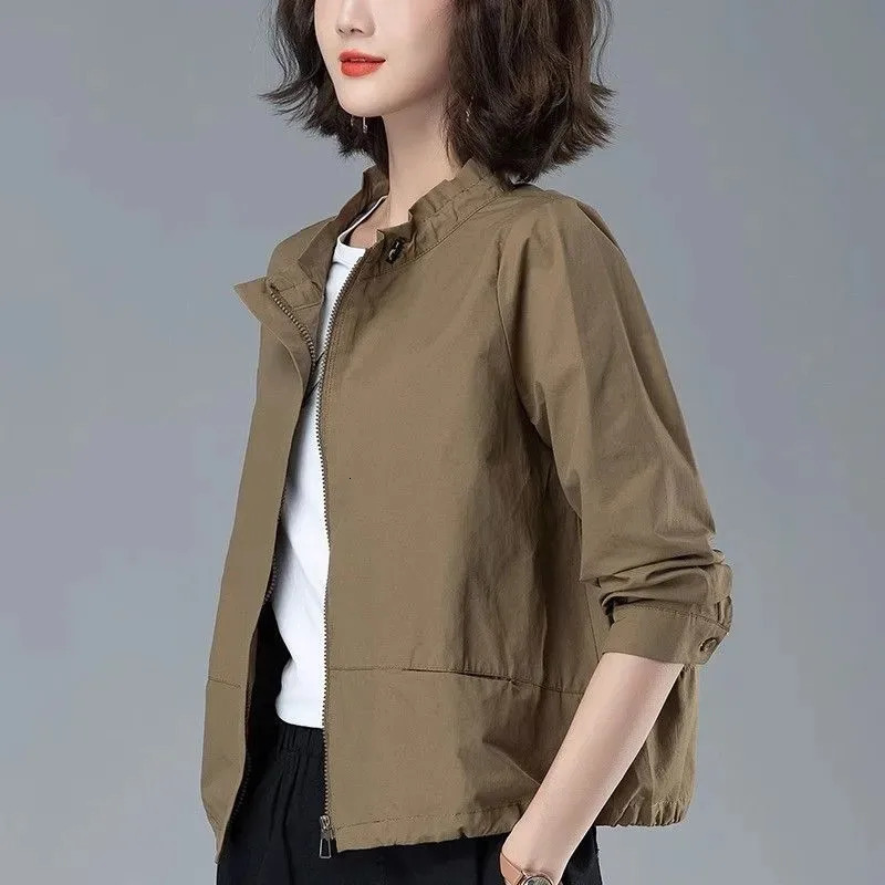 Spring Autumn Zipper Coat Outerwear For Womens Casual Stand-Up Collar Jacket Top Fashion Short Windbreaker Female 250728