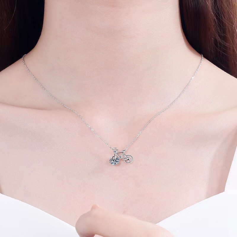 S925 Sterling Silver Pendant with Genuine Moissanite - Elegant Womens Bike Charm Necklace