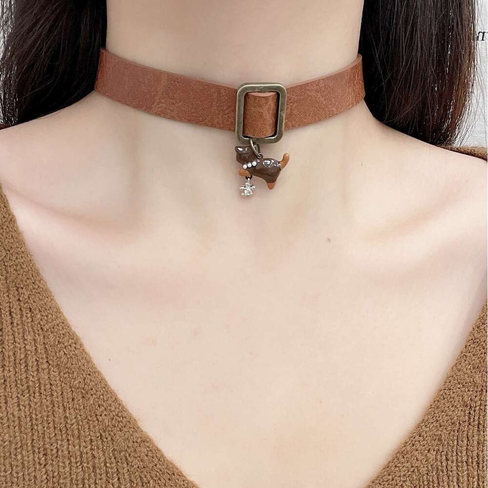 Spicy Girl Cat Button Leather Collar Necklace Niche Subculture Punk Choker Sweet Cool Collarbone Chain for Women 9e9