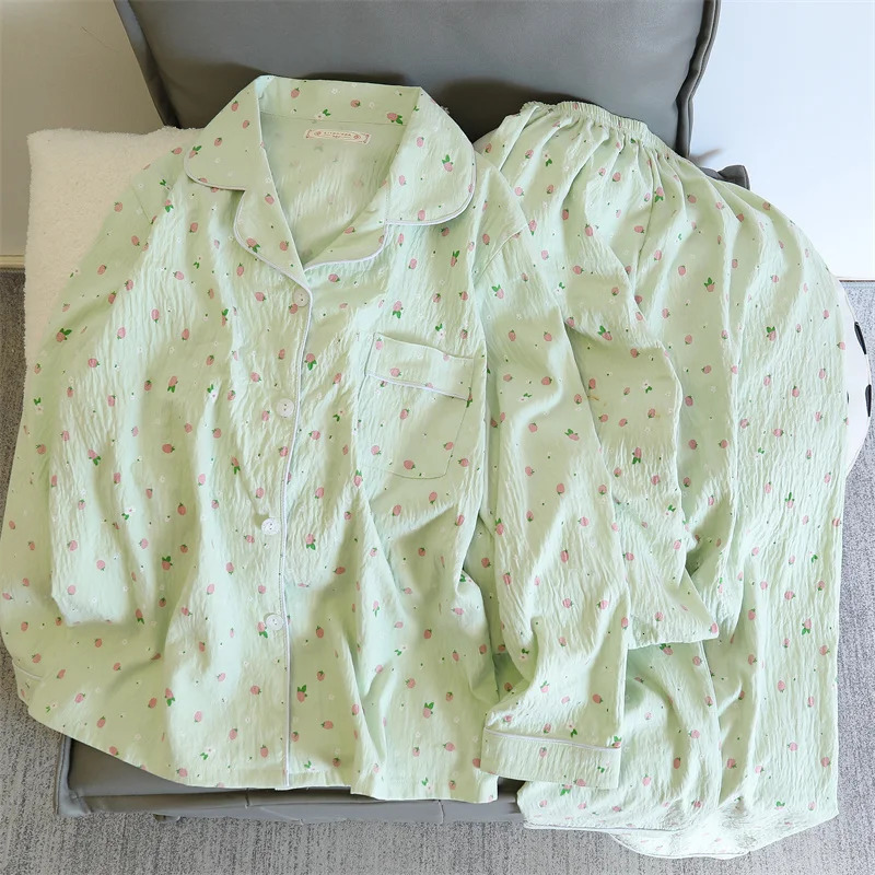 2 PCS Women Pajama Sleepwear Set Long Sleeved Pants Suit Peach Print Ventilate Soft Comfortable Home Leisure Clothes 250730