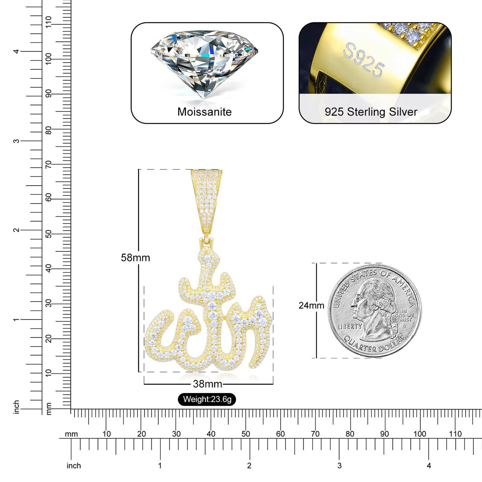 Bling Religious Jewelry 925 Sterling Silver VVS Moissanite Diamond Iced Out Islamic Allah Pendant for Muslim Men Women