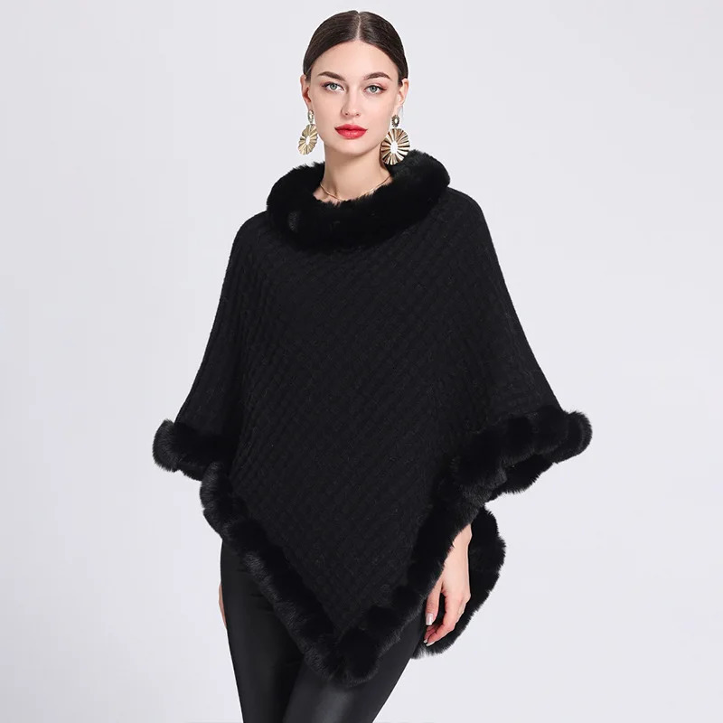 Fashion Plaid Stripes Faux Fur Pullover Cape Coat Women Autumn Winter Knit Poncho Cloak Wraps Travel Leisure Party Shawl 250729