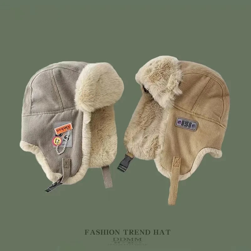 Winter Outdoor Men Russian Pilot Hat Womens Fashion Bomber Hat with Labeling Letter Cotton Faux Fur Soft Warm Trapper 250724
