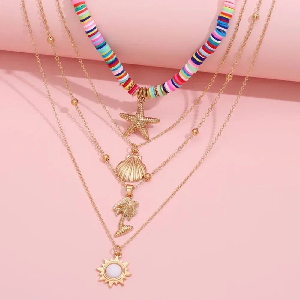 Fashion Bohemia Soft Clay Shell Star Sun Pendant Chain Layered Necklace for Women Girls Summer Beach Simple 250716