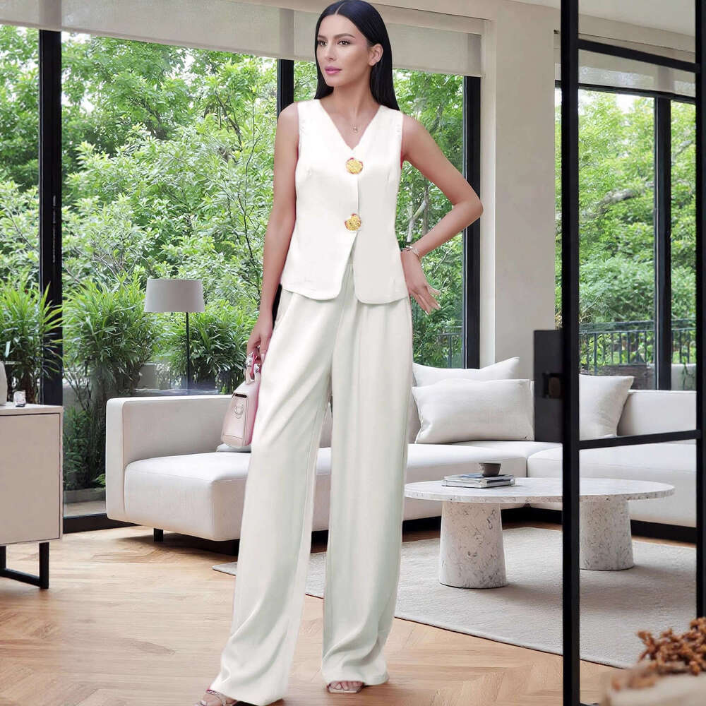 Spring Summer Women's Fashion Button Vest and Long Pants Casual Two-Piece Set for Women