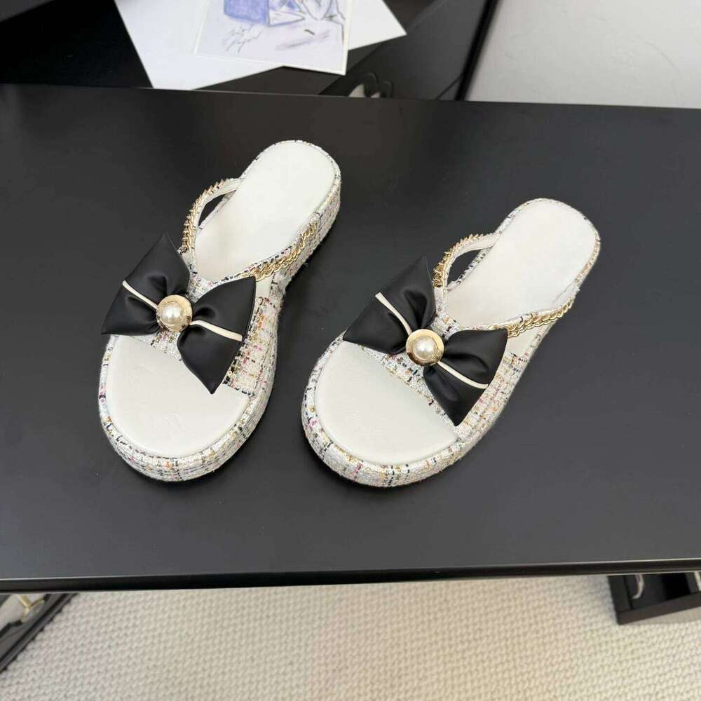 Women Size34-41 Flip-Flops Chain Pearls Butterfly Knot Slippers Flat Platform Slides Designer Shoes Zapatillas De Mujer 9c1