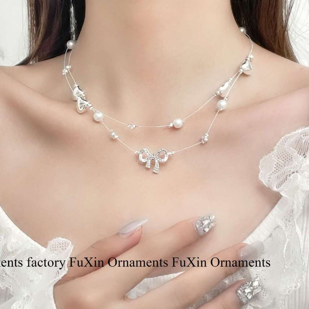 Super Fairy Sweet Starry Heart Pearl Necklace Fashionable Temperament Design High-end Clavicle Chain Bowknot f8d