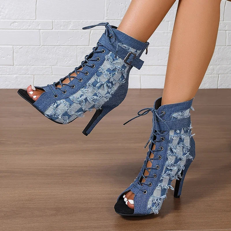 Denim Women Peep Toe Ankle Boots Fashion Elegant Breathable Shoes High Heel Autumn Womens Morder Short Booties 250729