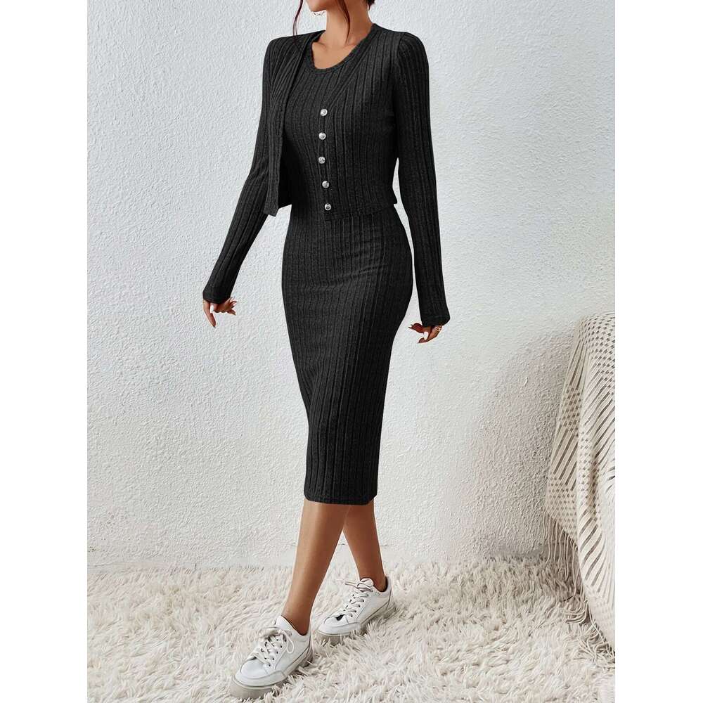 Spring Autumn Solid Color Front Button Short Top and Slim Fit Dress Set