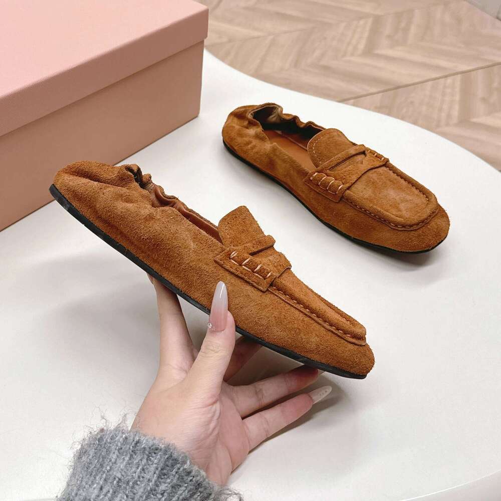Women Size35-41 Natural Cow Suede Ballet Flats Square Toe Loafers Solid Colors Slip On Designer Shoes Zapatillas De Mujer 0d7