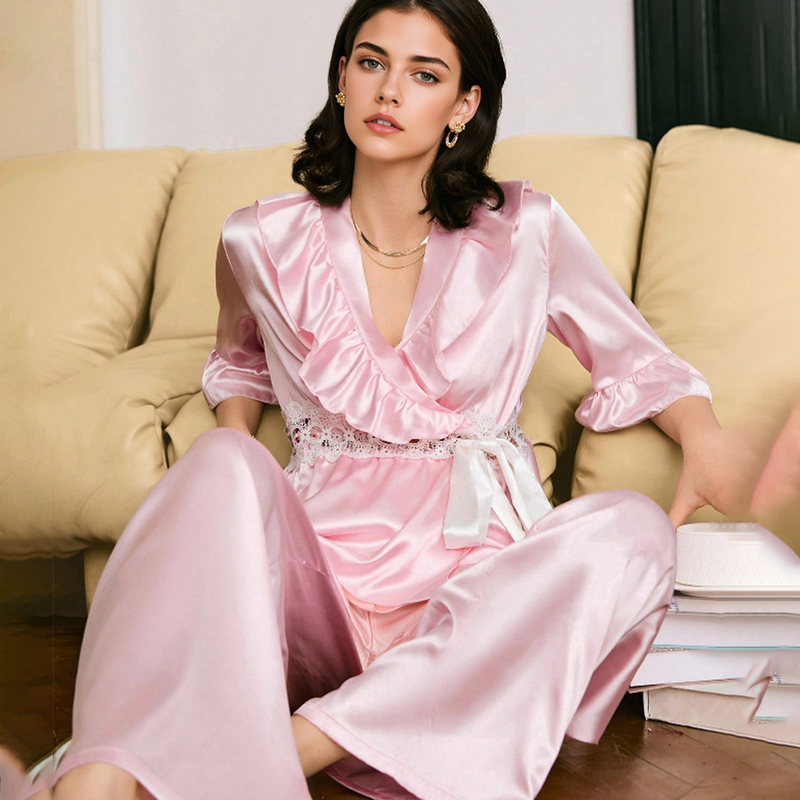 2025 New Women's Spring/Summer Silk Color Lace Openwork Tie-up Short Sleeve Long Pants Pajama Set Homewear