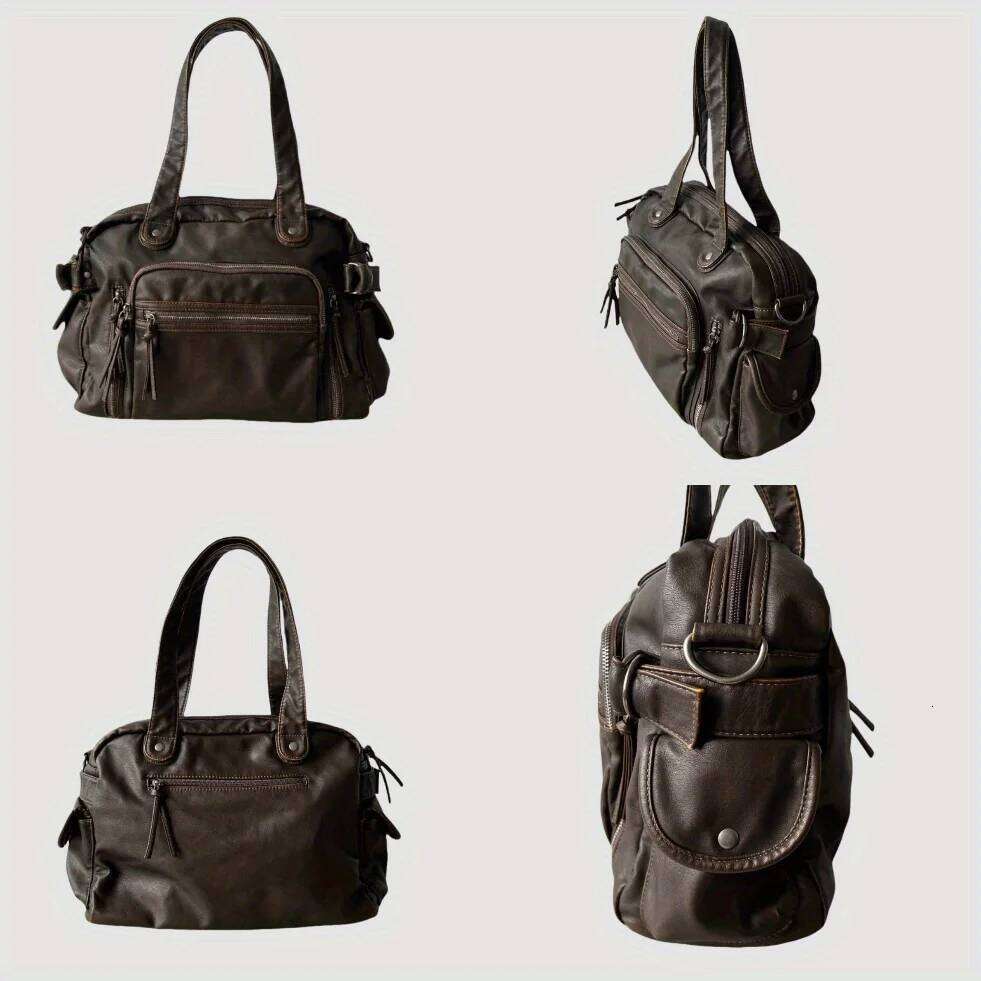 Retro tote motorcycle soft PU leather large capacity shoulder Y2K punk multi pocket crossbody bag