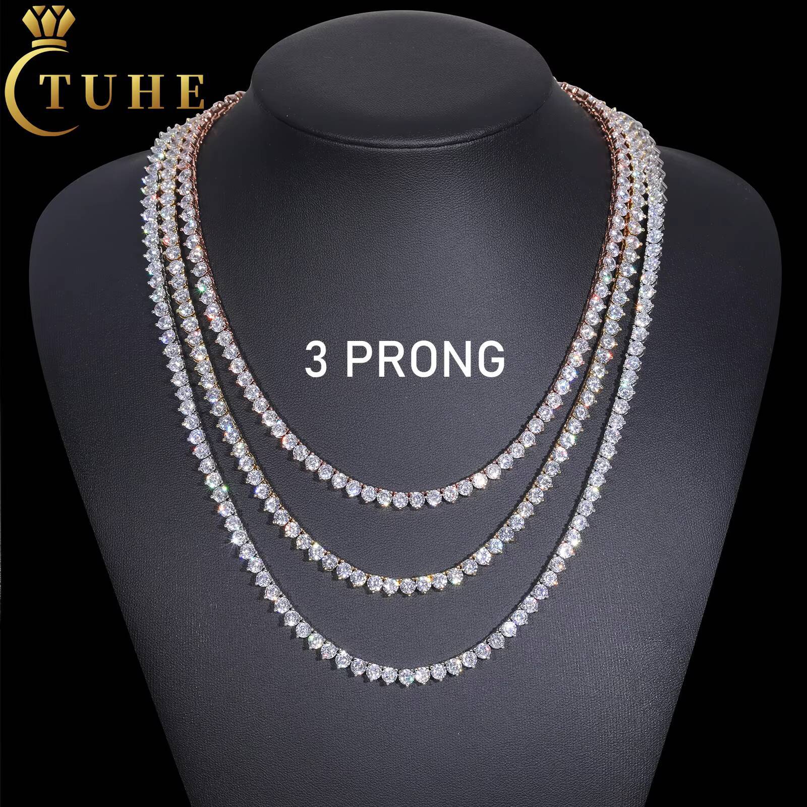 3mm 4mm 5mm 3 Prong Moissanite Tennis Chain Wholesale Custom 925 Sterling Silver VVS Mossanite Fashion Tennis Necklace