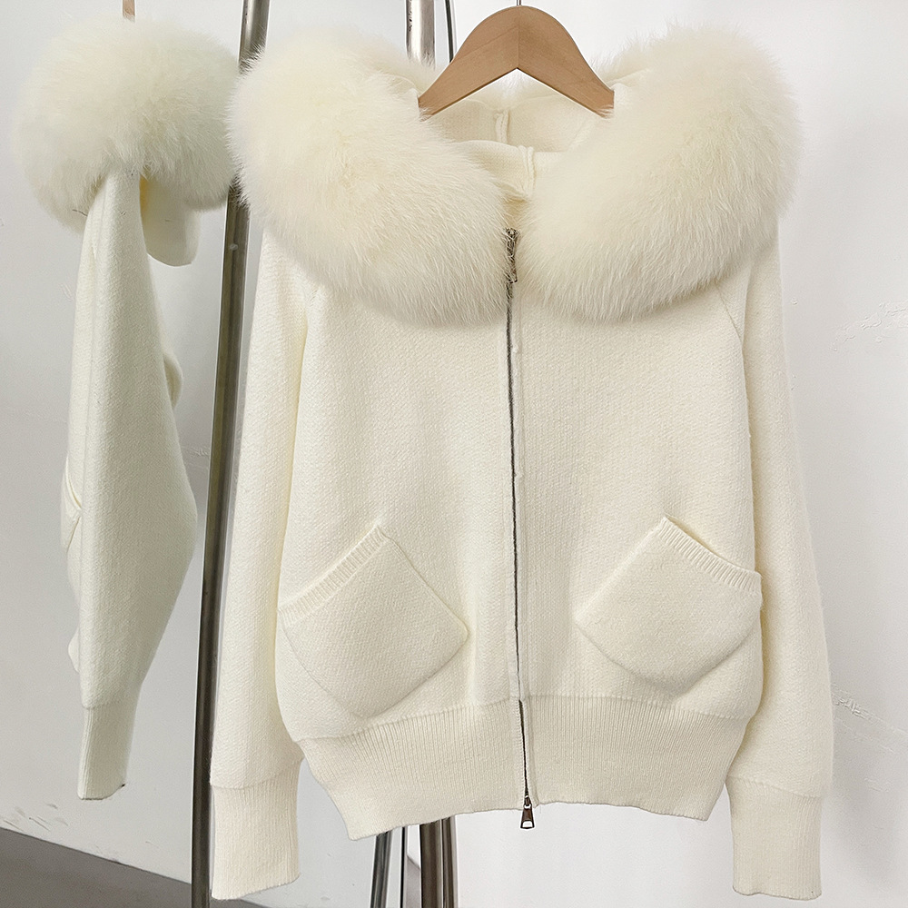 Knitted sweater cardigan jacket womens detachable oversized genuine fox fur collar new autumn winter style hooded knitted cardigan coat