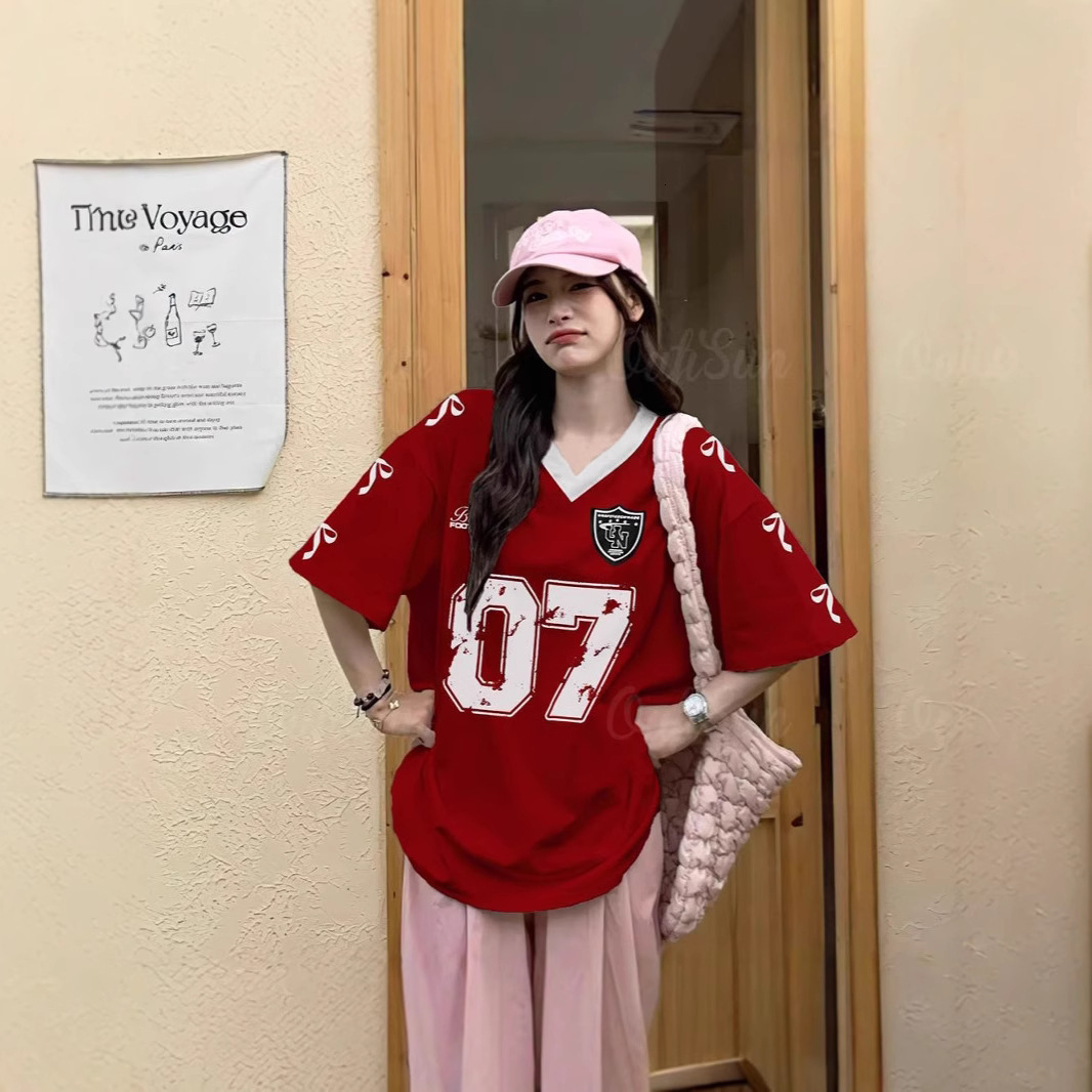 2025 High Street Leisure Sports Baseball Collar Color blocked Short Sleeve Women's Summer Loose Printed Top New Designer T-shirt