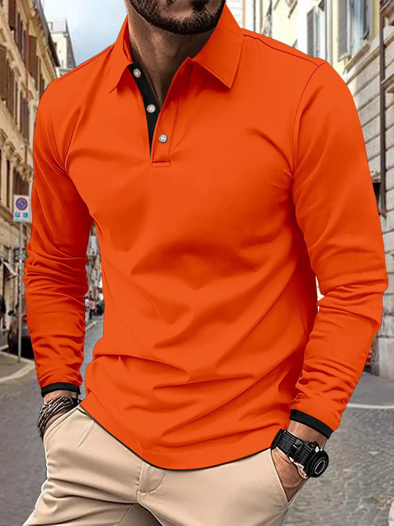 Spring and Autumn mens solid color business slimfit POLO shirt matching lapel long sleeve leisure sports polo 250731