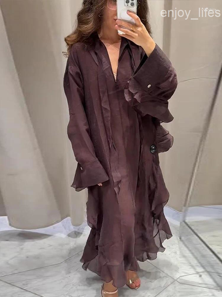 Casual Dresses Fashion Solid Patchwork Ruffle Hem Long Dress For Women Loose Full Sleeve V-neck Maxi Lady 2025 Summer Vacation Vestidos