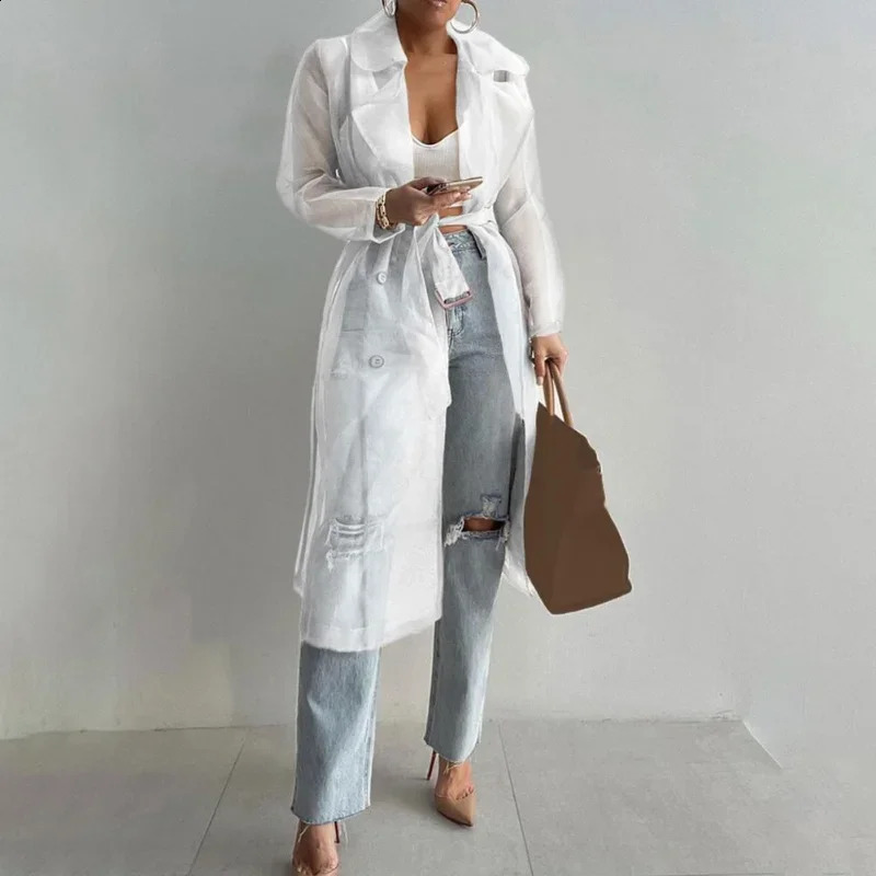 Elegant Shirts Trench Coat for Women Fashion See Through Lace Up Spring Solid Sheer Mesh Long Sleeve Buttoned with Belt 250730