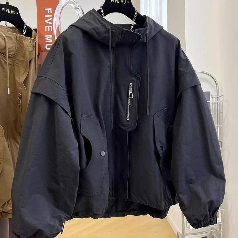 High-end n Niche Unique Hooded Casual Top Loose Workwear Jacket Womens Spring Autumn Short Windbreaker Trendy Jacket Chic 250728