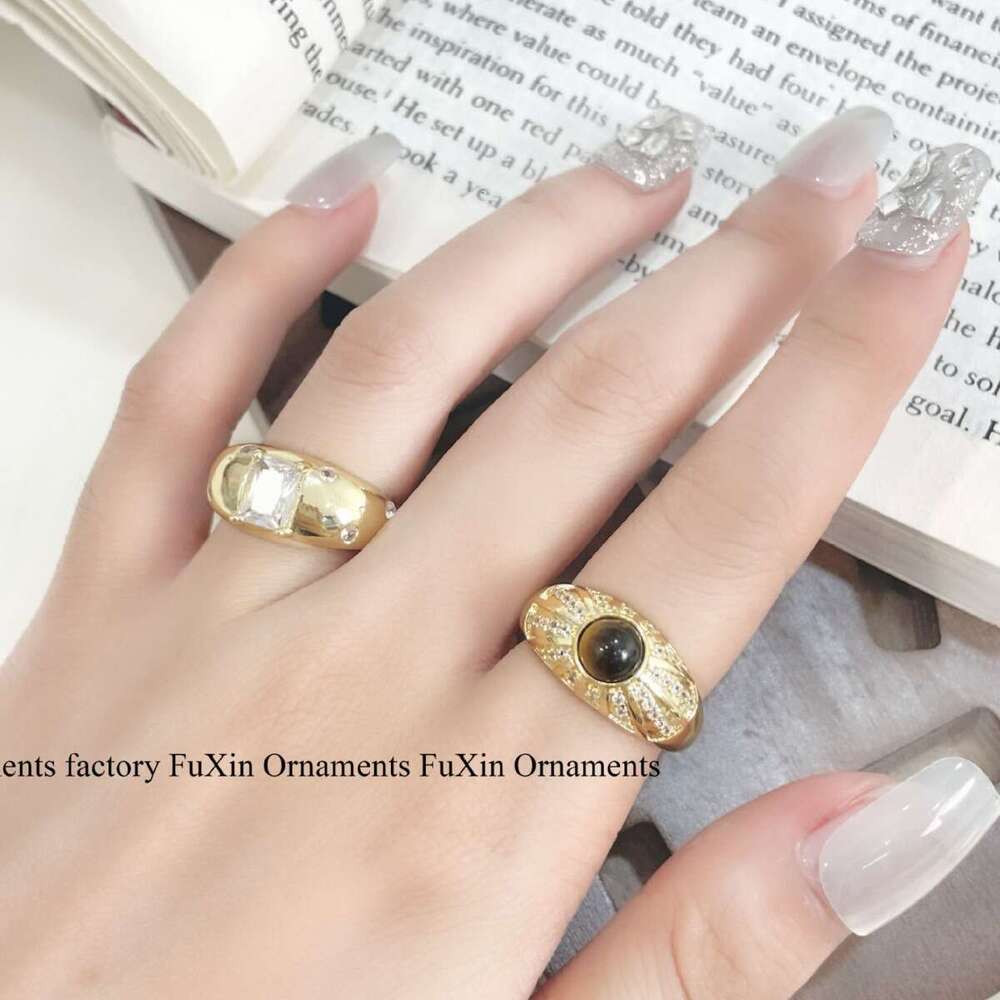 Tiger Eye Stone Square Diamond Wide Version Fashion Exquisite Unique Niche Design Couple Matching Ring Stackable 530