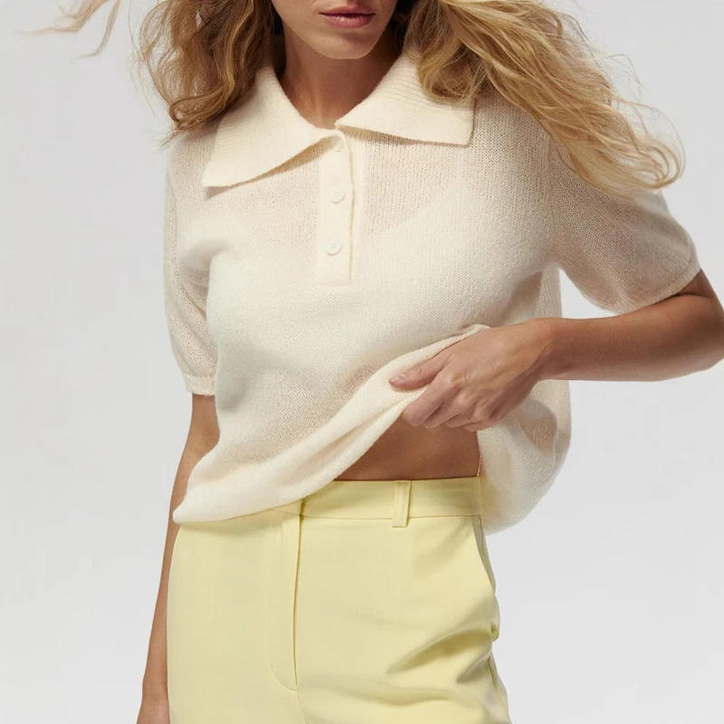 Tornova Knitted Short Sleeve T shirt Womens Polo Fashion Hollow Thin Sweater Top 2025 Summer Casual Female Solid Knitwear 250724
