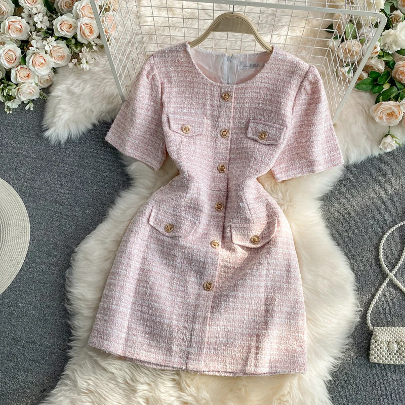 0ceanlove Tweed Vestidos Single Breasted Korean Fashion Summer Elegant Women Dresses Short Sleeve Vintage Sexy Mini Dress 250731