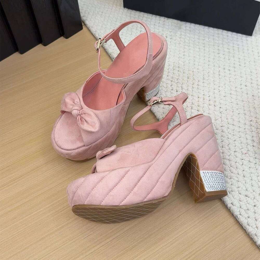 Women Size34-41 Natural Cow Suede Sandals Super High Heels Butterfly Knot Flat Platform Designer Shoes Zapatillas De Mujer f97