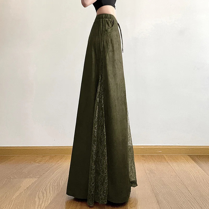 Women Vintage Suede Nap Lace Patchwork Hem Zip Long Skirt Cyber Y2K Chic Drawstring Pocket Aline Skirts Lady Grunge Streetwear 250730