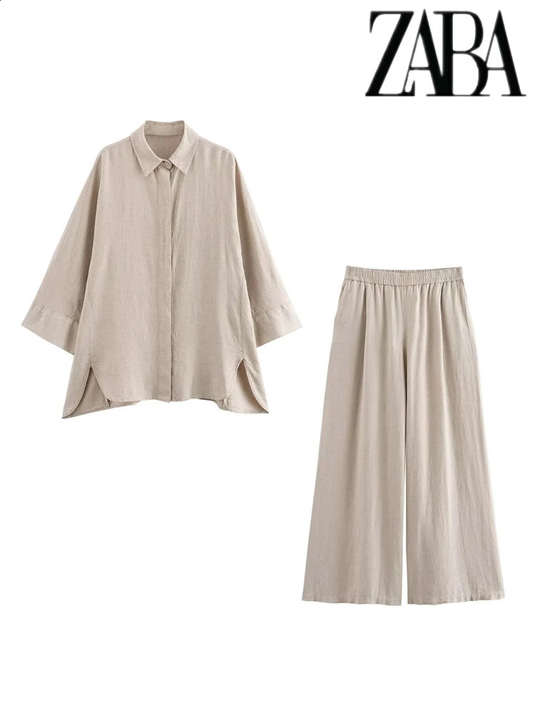 TRAF Womens Linen Blend Solid Color Loose Suit Flip Lapel Single Breasted Long Sleeve Shirt High Waisted Wide Leg Pants Set 250724