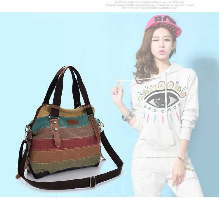 Canvas Totes Striped Womens Handbag 2021 Patchwork Rainbow Shoulder Bag Fashion Female Casual Crossbody Bag Sac A Main Y250730