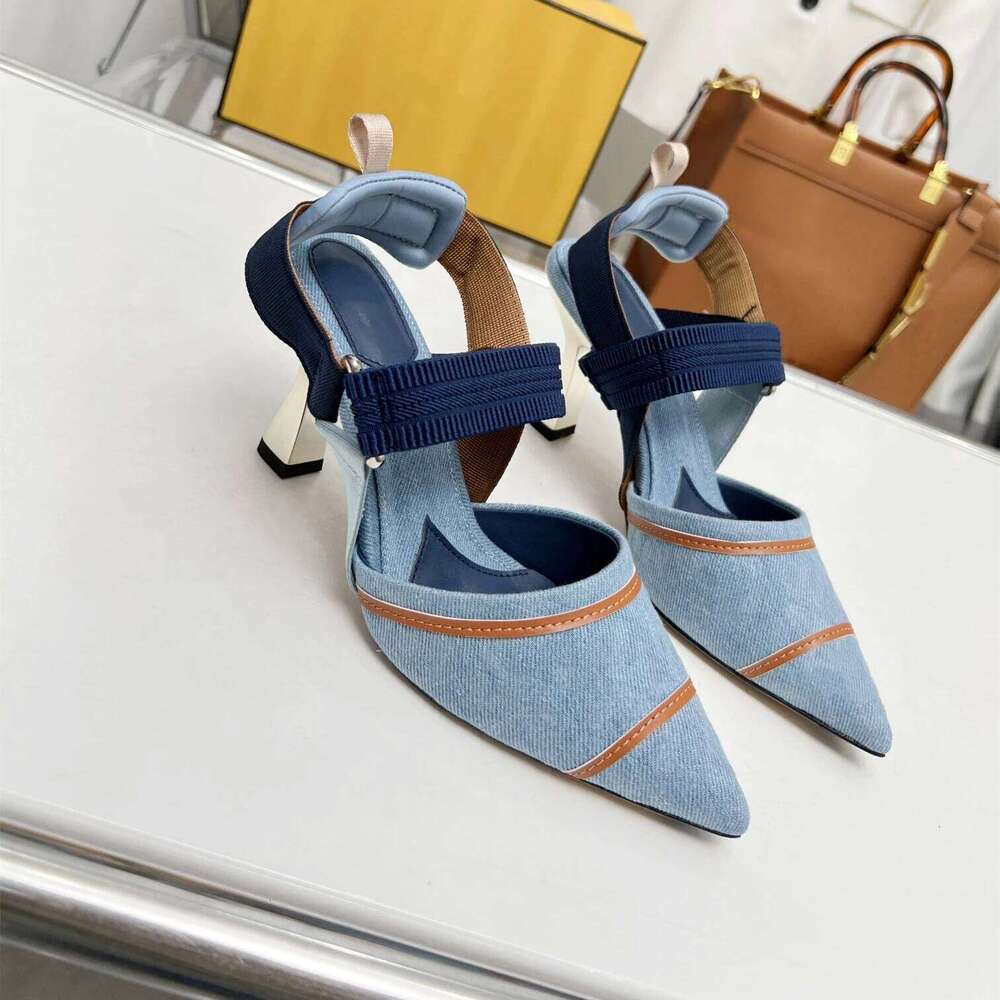 New Women Size35-42 Denim Pumps Super High Heels Genuine Leather Sandals Pointed Toes Designer Shoes Zapatillas De Mujer a15
