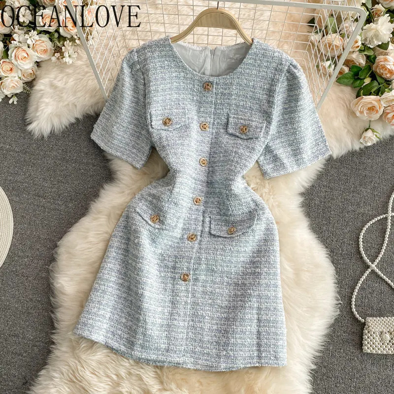 0ceanlove Tweed Vestidos Single Breasted Korean Fashion Summer Elegant Women Dresses Short Sleeve Vintage Sexy Mini Dress 250731