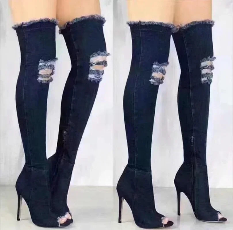 Boots Women Summer Autumn Thigh High Peep Toe Over The Knee Boots Blue Denim Jeans Zipper Long Boots Shoes Ladies 250729