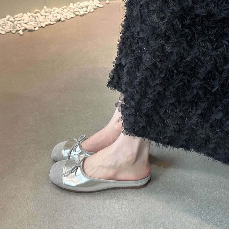 Sheepskin Version ~ Ballet Pointed Toe Half Slippers Summer Flat Outdoor Soft Sole Bowknot Silver French Style Sandals for Women