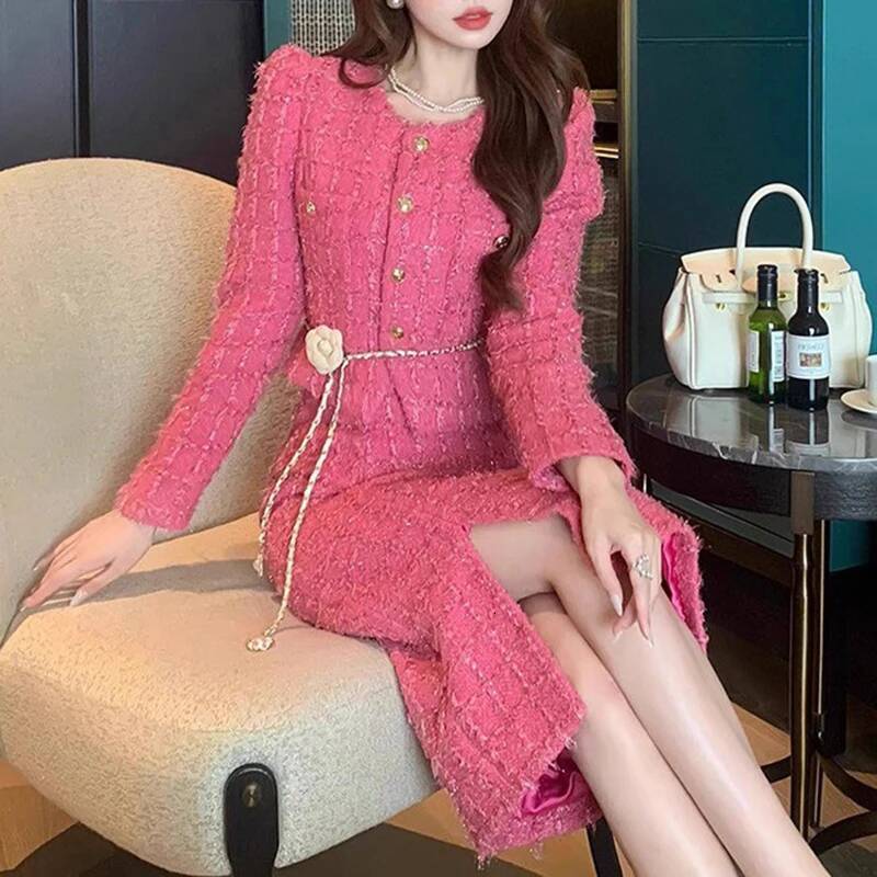 Spring Autumn Fashion Female Slim Outfit Women Cropped Tweed Jacket Coat+High Waist Split Half Skirt Suit Elegant Two Piece Set dongdumaoyi